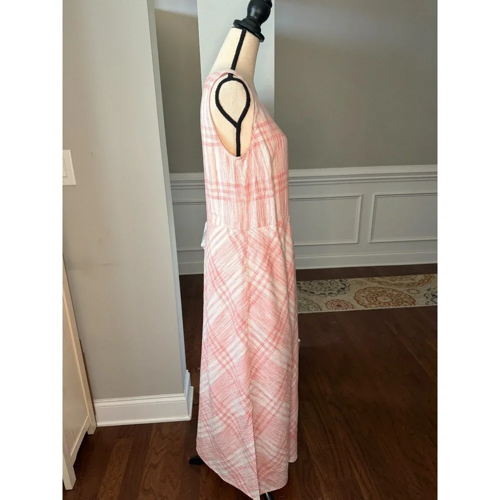 J Jill Love Linen maxi Plaid Dress Pink /white Sleeveless a-line Large Tall - Picture 3 of 8